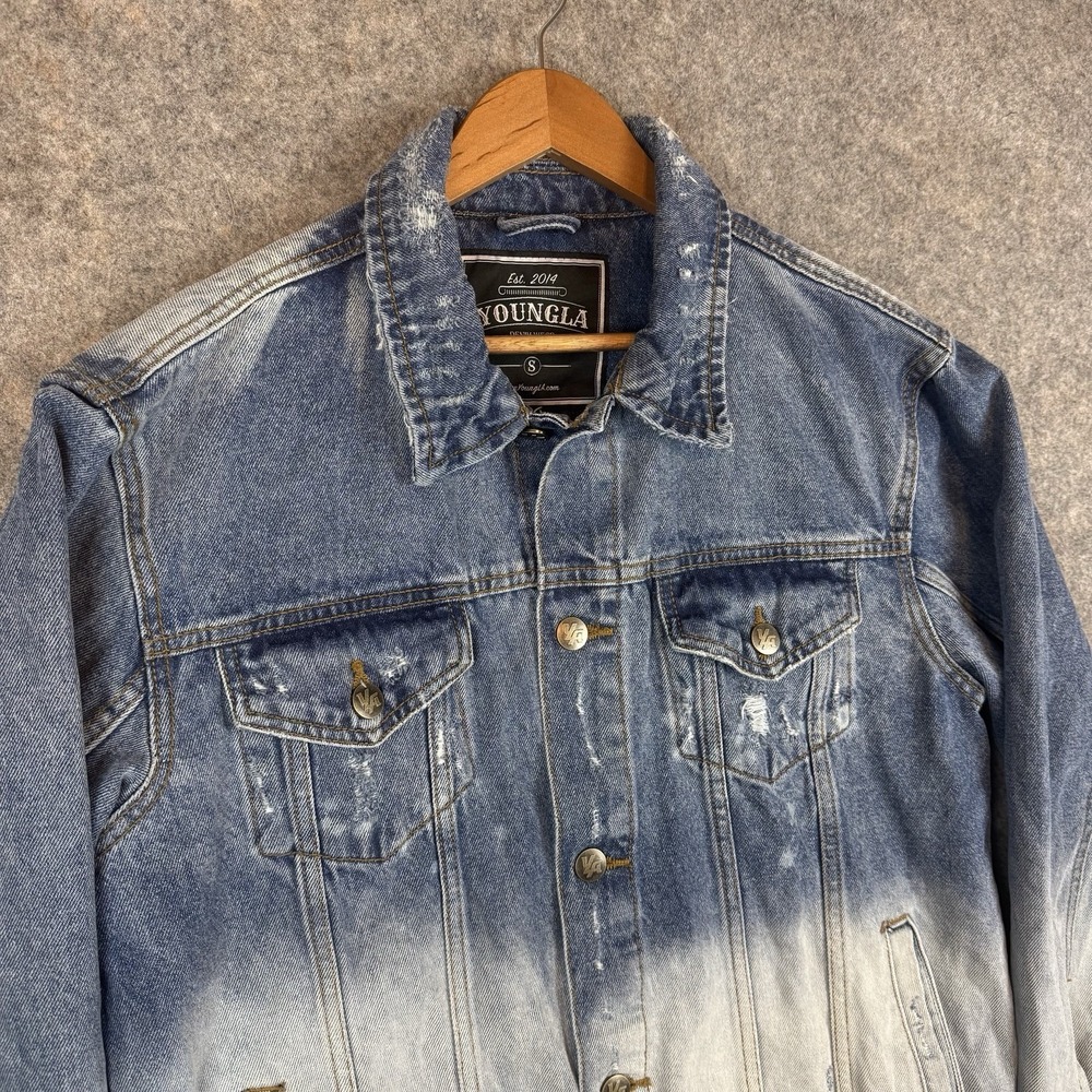 YoungLA Jean Jacket Mens Small Blue Distressed Acid Wash Denim Crossword Graphic - Picture 3 of 9